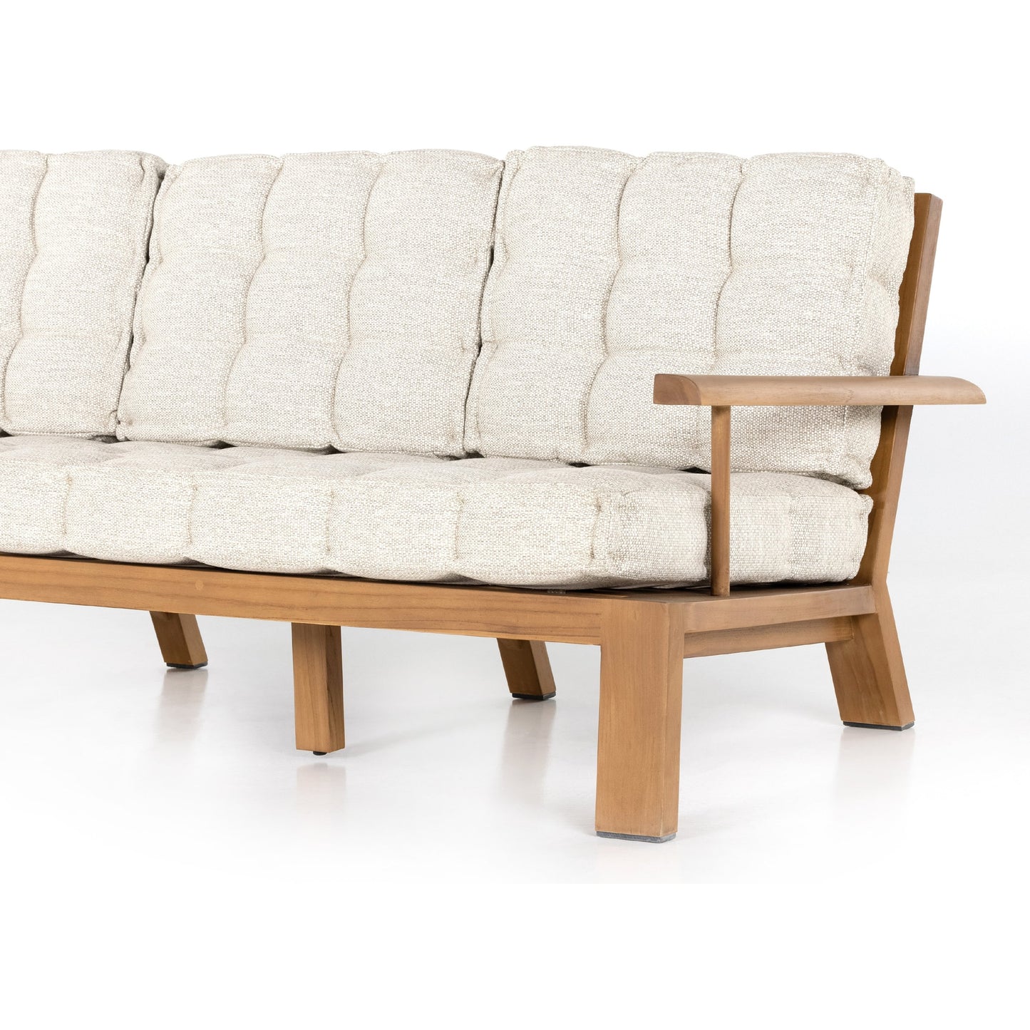 013 SI-1799392 | Closeup | Beck Outdoor Sofa by Four Hands in faye sand and natural teak. Made from 100% olefin, solid fsc®-certified teak, 91% polyurethane foam pad, 9% polyester fiber batting in a modern style.