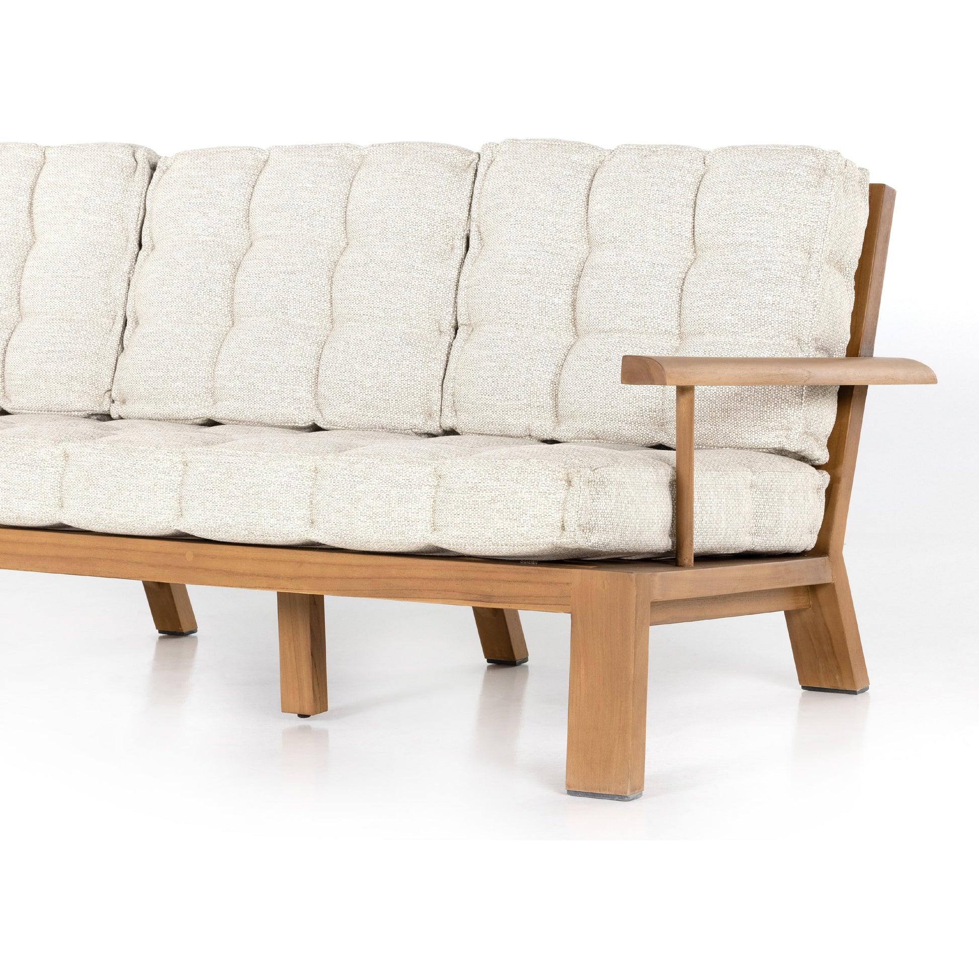 Beck Outdoor Sofa by Four Hands in faye sand and natural teak. Made from 100% olefin, solid fsc®-certified teak, 91% polyurethane foam pad, 9% polyester fiber batting in a modern style.