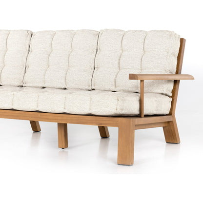 Beck Outdoor Sofa by Four Hands in faye sand and natural teak. Made from 100% olefin, solid fsc®-certified teak, 91% polyurethane foam pad, 9% polyester fiber batting in a modern style.
