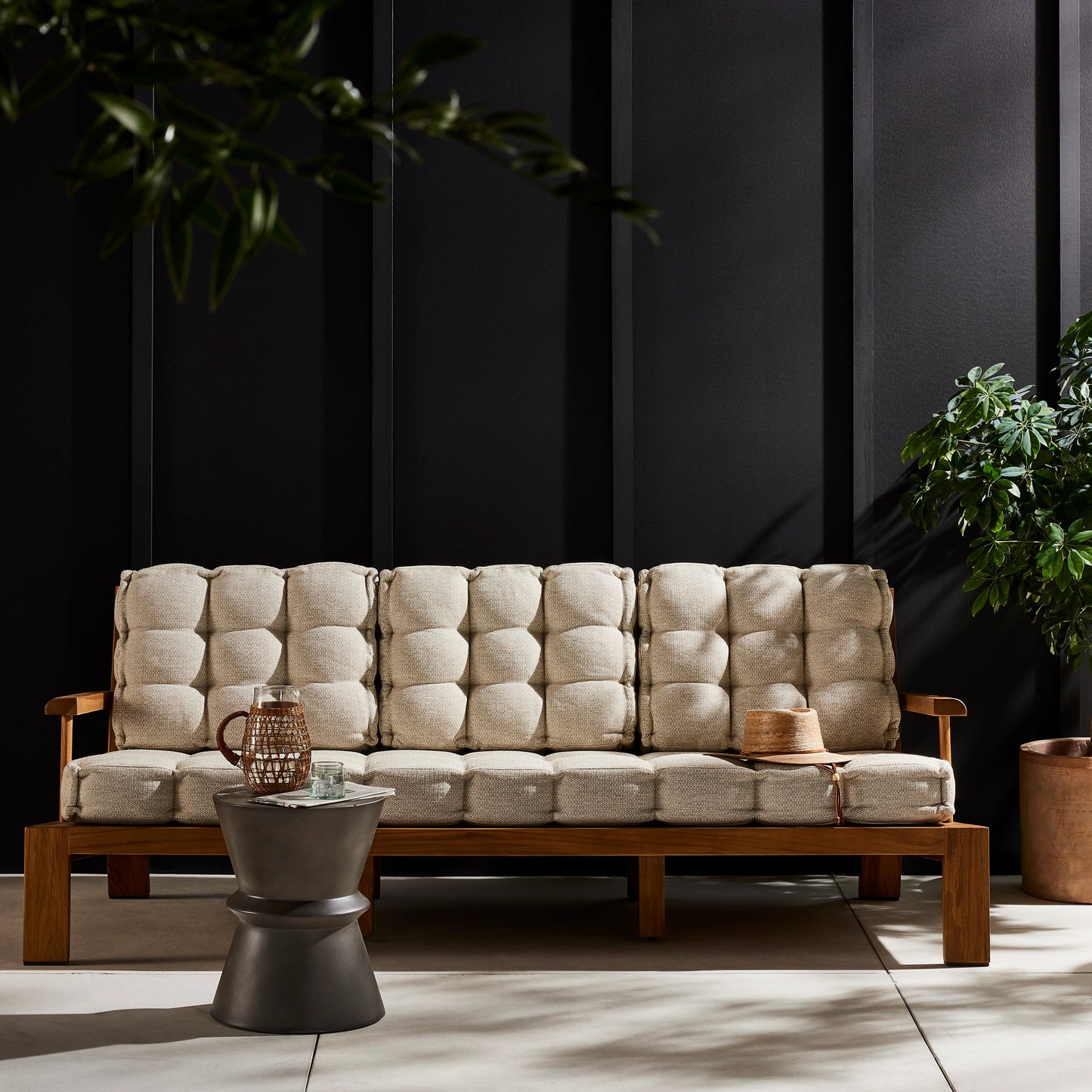 015 SI-1799392 | Lifestyle | Beck Outdoor Sofa by Four Hands in faye sand and natural teak. Made from 100% olefin, solid fsc®-certified teak, 91% polyurethane foam pad, 9% polyester fiber batting in a modern style.