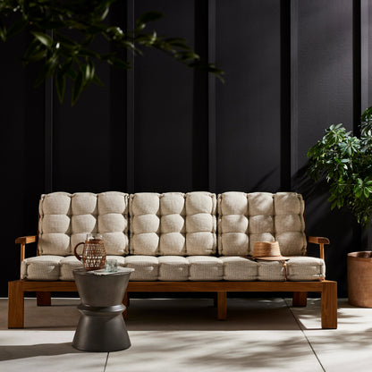 Beck Outdoor Sofa by Four Hands in faye sand and natural teak. Made from 100% olefin, solid fsc®-certified teak, 91% polyurethane foam pad, 9% polyester fiber batting in a modern style.