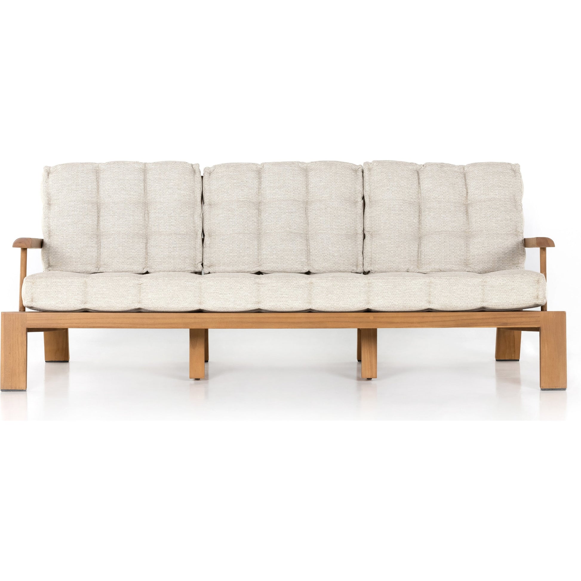 Beck Outdoor Sofa by Four Hands in faye sand and natural teak. Made from 100% olefin, solid fsc®-certified teak, 91% polyurethane foam pad, 9% polyester fiber batting in a modern style.