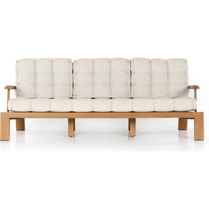 Beck Outdoor Sofa by Four Hands in faye sand and natural teak. Made from 100% olefin, solid fsc®-certified teak, 91% polyurethane foam pad, 9% polyester fiber batting in a modern style.