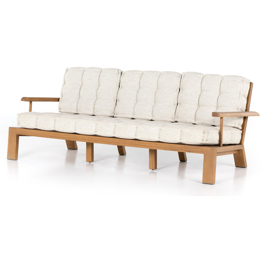 Beck Outdoor Sofa by Four Hands in faye sand and natural teak. Made from 100% olefin, solid fsc®-certified teak, 91% polyurethane foam pad, 9% polyester fiber batting in a modern style.