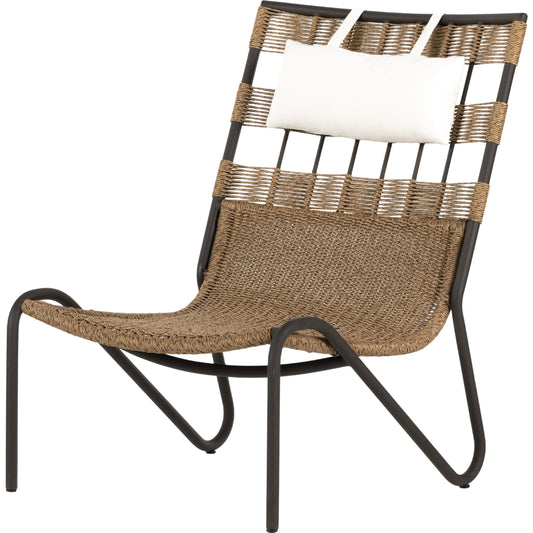 Tegan Outdoor Chair by Four Hands in natural ivory and bronze, faux dark hyacinth. Made from 100% olefin, aluminum, 100% polyethylene in a coastal style.