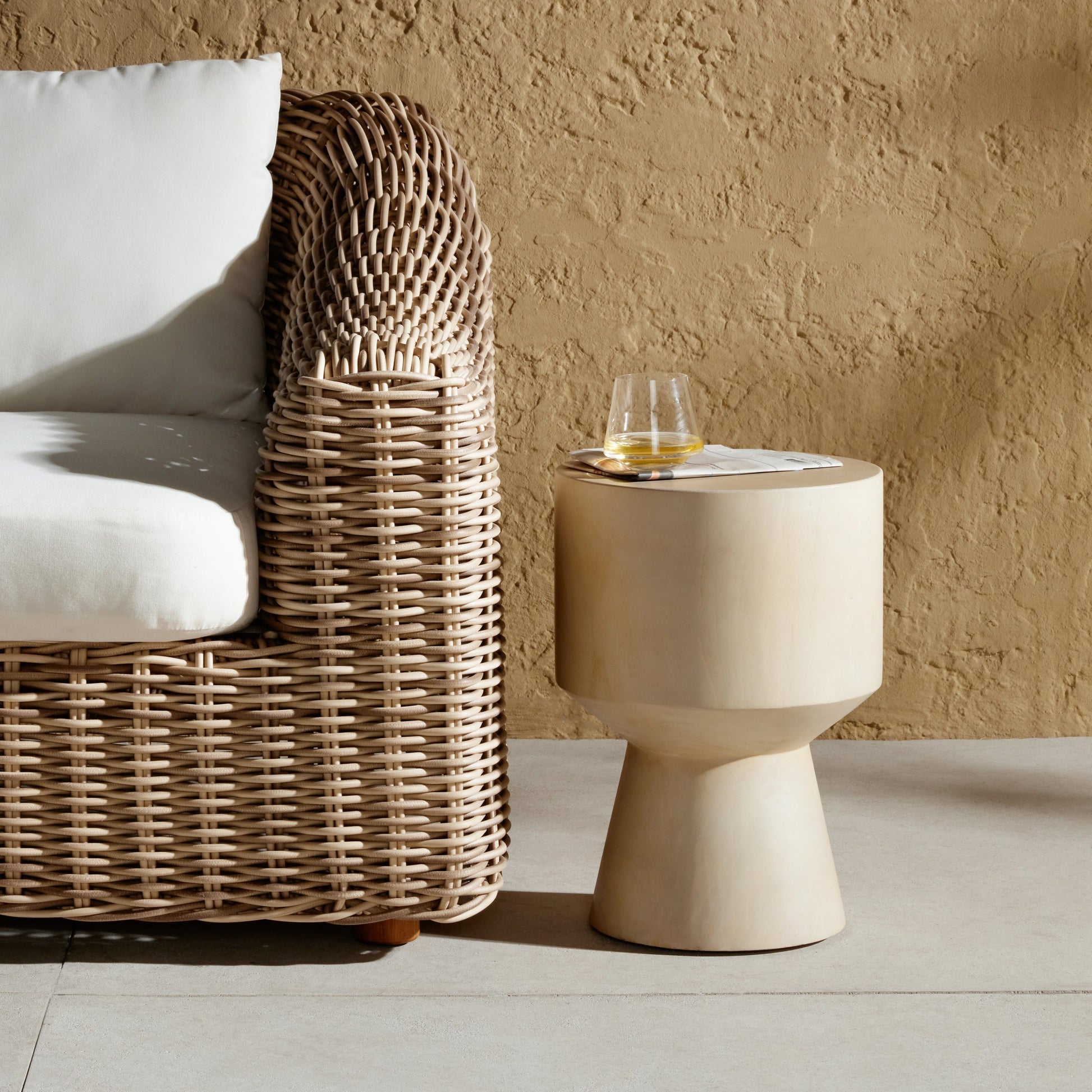 Jovie Outdoor End Table by Four Hands. Made from solid teak in a modern style.
