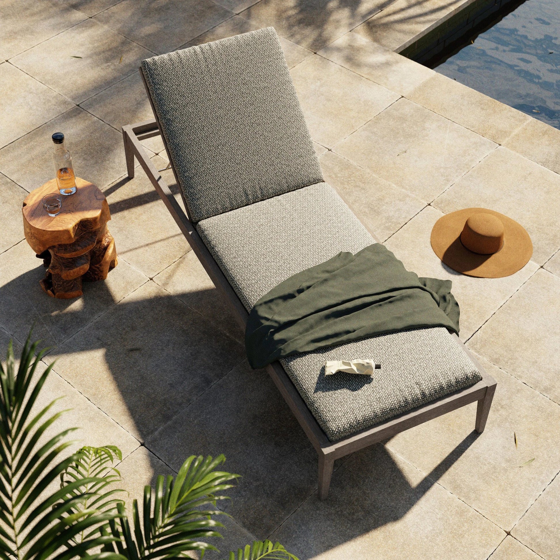 Sherwood Outdoor Chaise by Four Hands. Made from 100% olefin, solid fsc®-certified teak, 100% polypropylene in a coastal style.