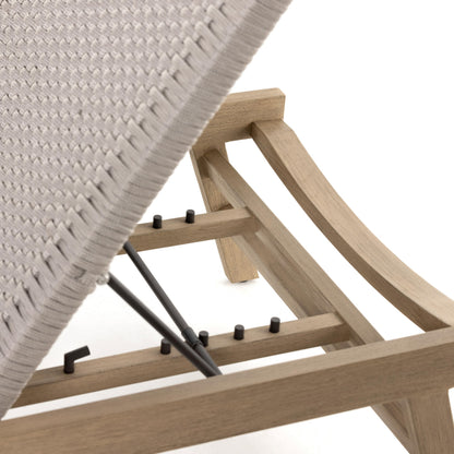 Delano Outdoor Chaise by Four Hands. Made from solid fsc®-certified teak, 100% polypropylene, stainless steel in a coastal style.