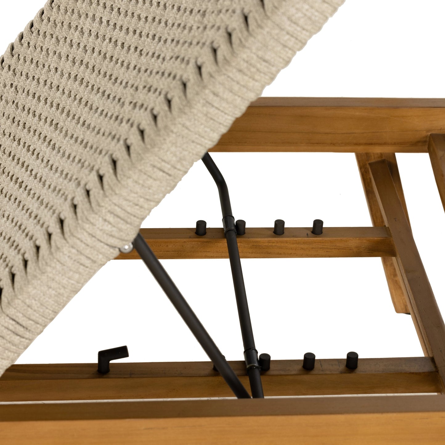 023 SI-1977243 | Closeup | Delano Outdoor Chaise by Four Hands. Made from solid fsc®-certified teak, 100% polypropylene, stainless steel in a coastal style.