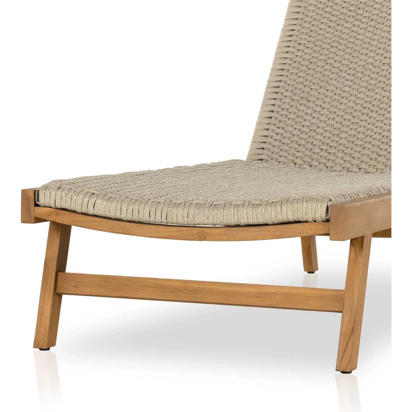 027 SI-1977243 | Closeup | Delano Outdoor Chaise by Four Hands. Made from solid fsc®-certified teak, 100% polypropylene, stainless steel in a coastal style.