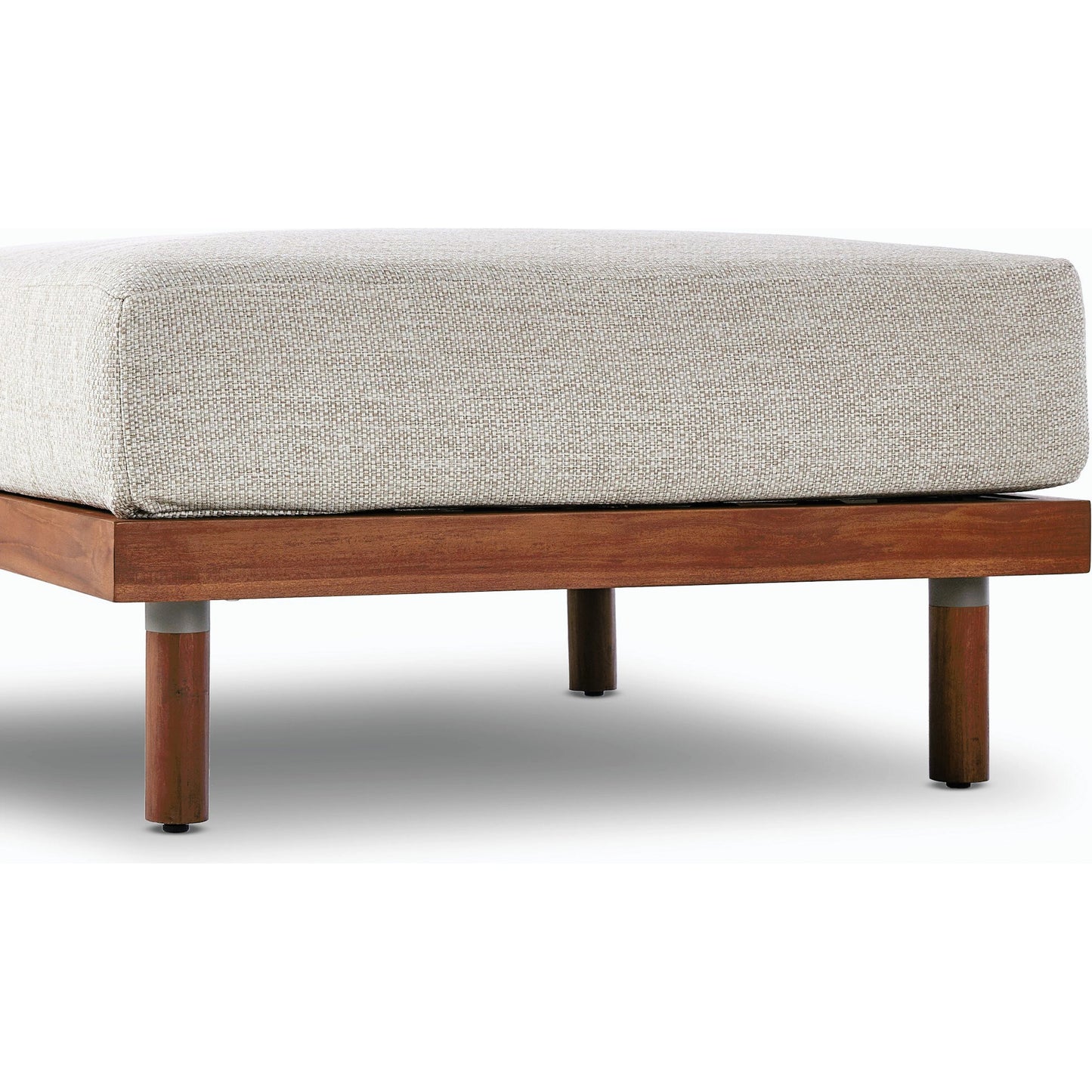 013 SI-2158128 | Closeup | Culver Outdoor Ottoman by Four Hands in faye sand. Made from 100% olefin, solid fsc®-certified teak, 91% polyurethane foam pad, 9% polyester fiber batting in a modern style.