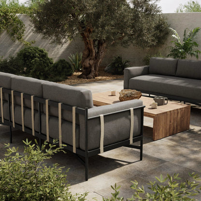 Hearst 99" Outdoor Sofa by Four Hands in bronze. Made from 100% olefin, aluminum, 100% polypropylene in a modern style.