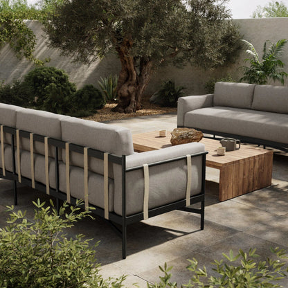 Hearst 99" Outdoor Sofa by Four Hands in bronze. Made from 100% olefin, aluminum, 100% polypropylene in a modern style.