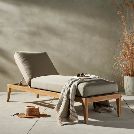 Amaya Outdoor Adjustable Chaise Lounge by Four Hands in royal taupe, natural acacia fsc. Made from solid fsc®-certified acacia, 100% polyester in a modern style.