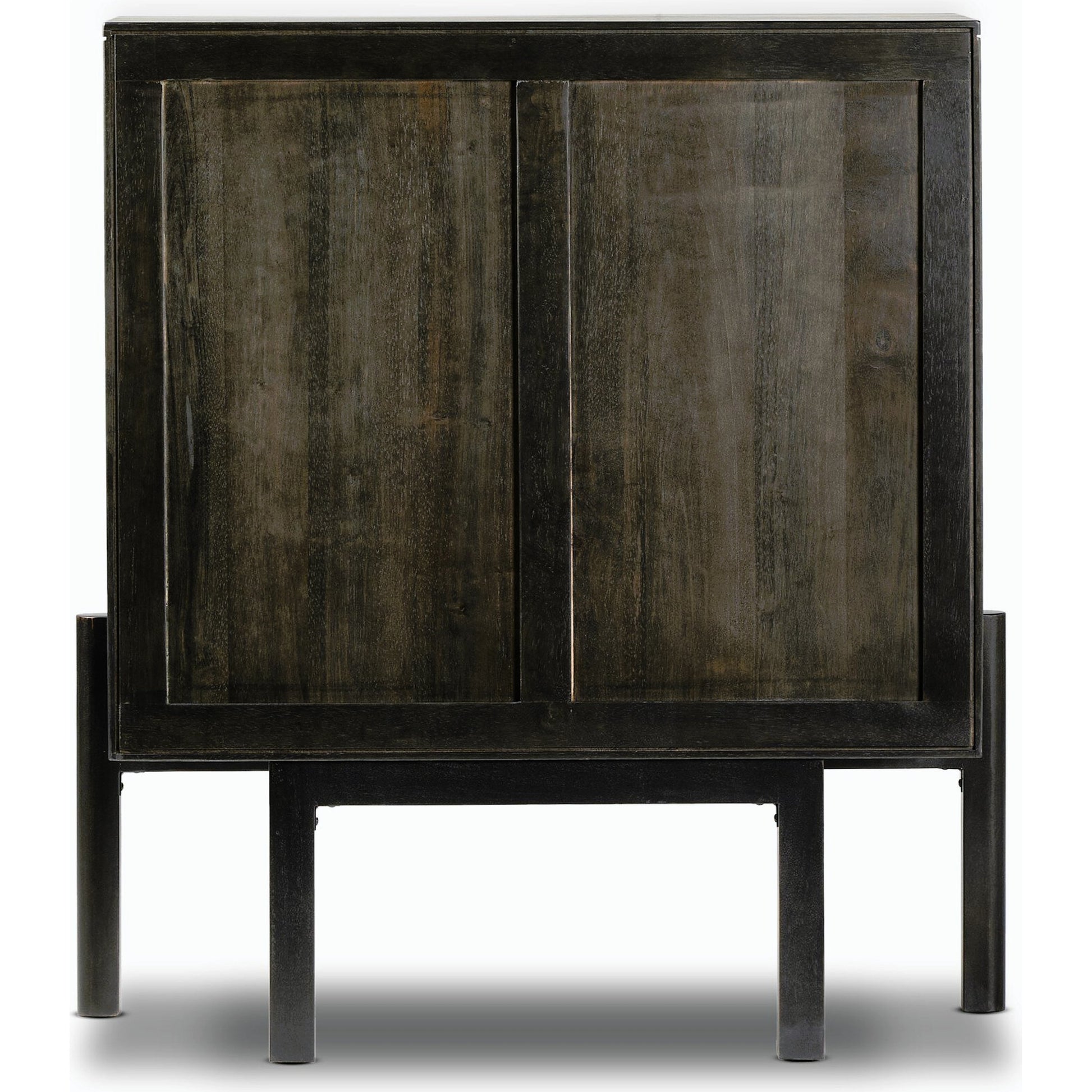 Reza Bar Cabinet by Four Hands in smoked honey parawood. Made from solid parawood, brass, solid acacia in a transitional style.