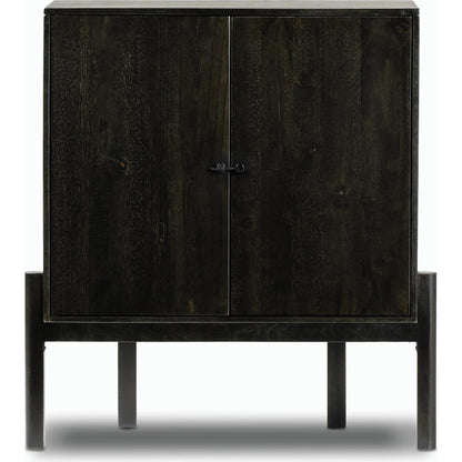 Reza Bar Cabinet by Four Hands in smoked honey parawood. Made from solid parawood, brass, solid acacia in a transitional style.