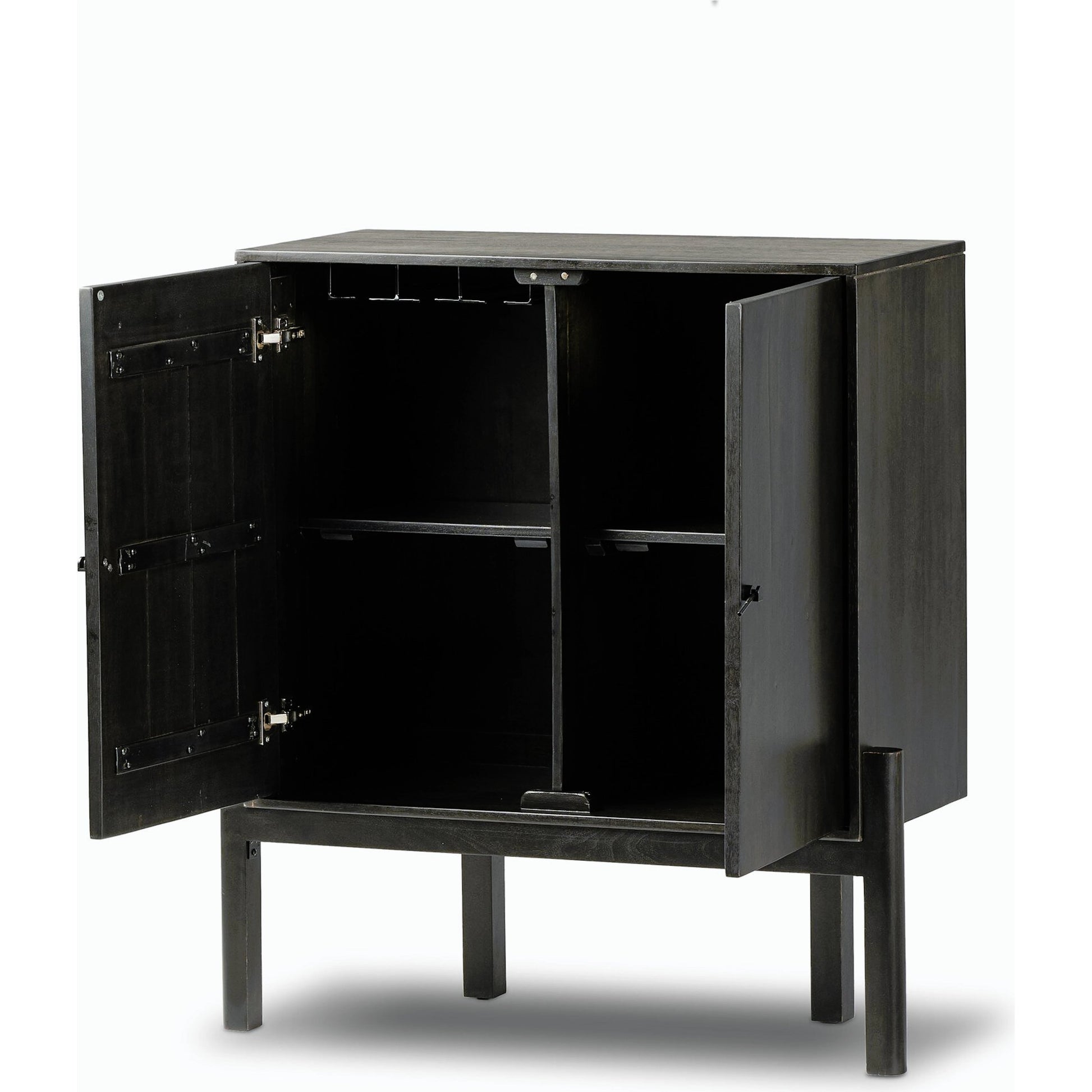 Reza Bar Cabinet by Four Hands in smoked honey parawood. Made from solid parawood, brass, solid acacia in a transitional style.