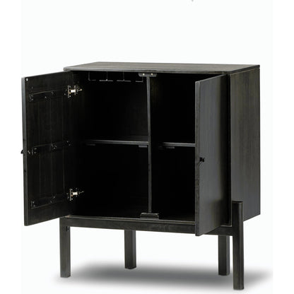 Reza Bar Cabinet by Four Hands in smoked honey parawood. Made from solid parawood, brass, solid acacia in a transitional style.