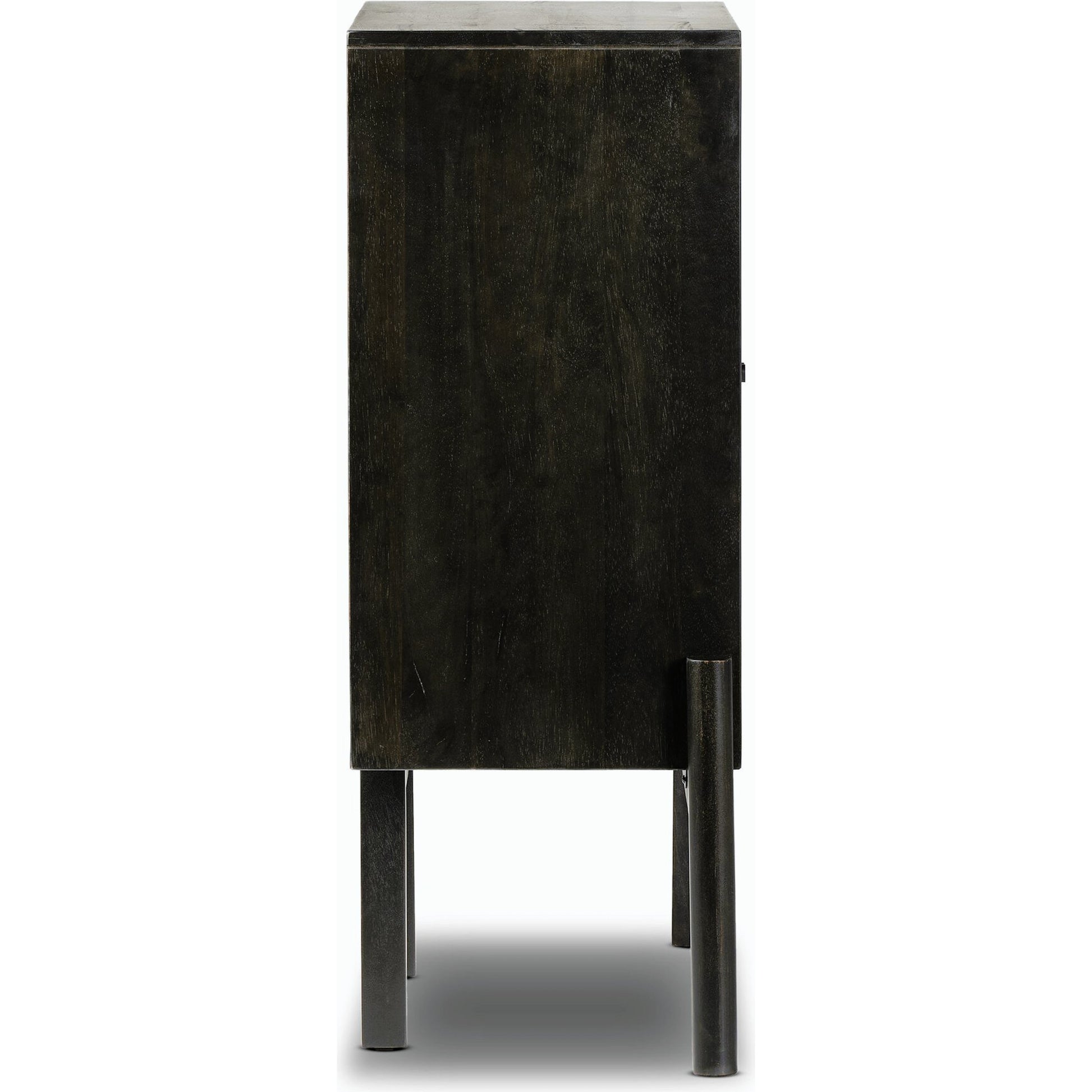 Reza Bar Cabinet by Four Hands in smoked honey parawood. Made from solid parawood, brass, solid acacia in a transitional style.