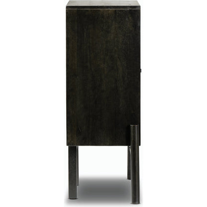 Reza Bar Cabinet by Four Hands in smoked honey parawood. Made from solid parawood, brass, solid acacia in a transitional style.