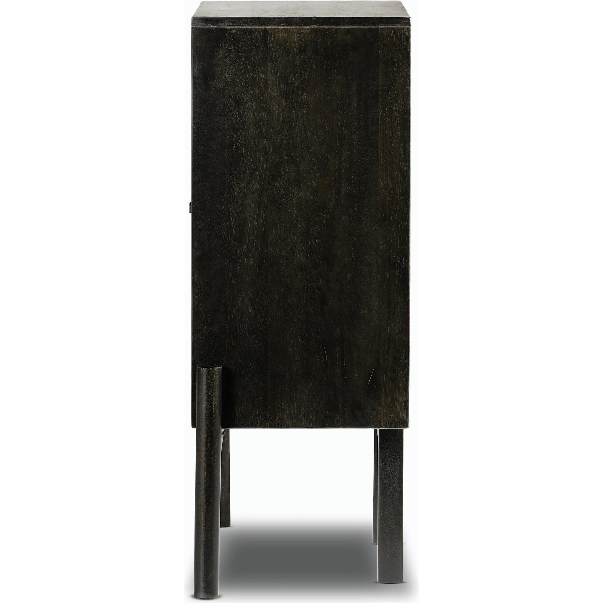 Reza Bar Cabinet by Four Hands in smoked honey parawood. Made from solid parawood, brass, solid acacia in a transitional style.