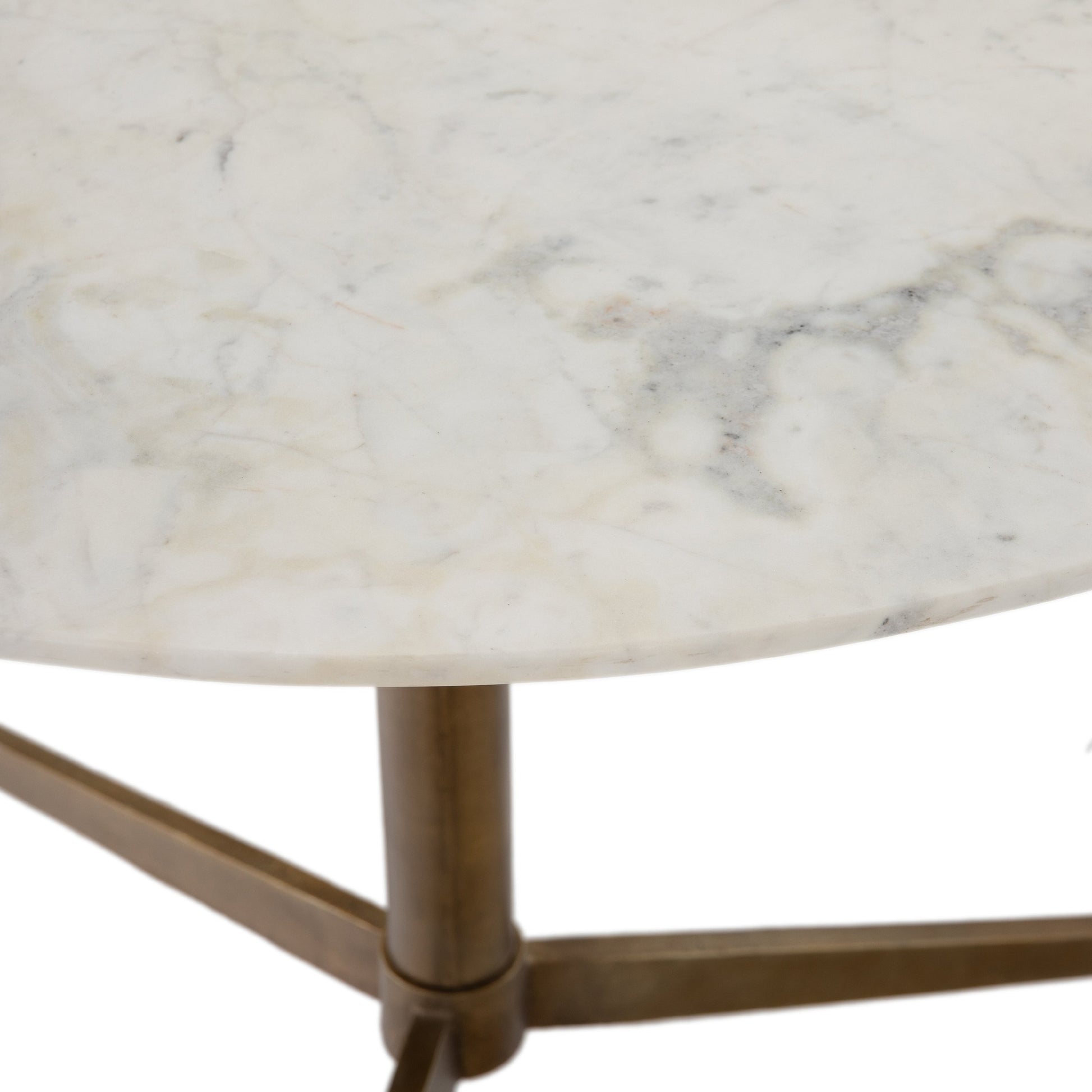 Helen Round Bistro Table by Four Hands in raw brass, polished white marble. Made from solid marble, aluminum in a modern style.