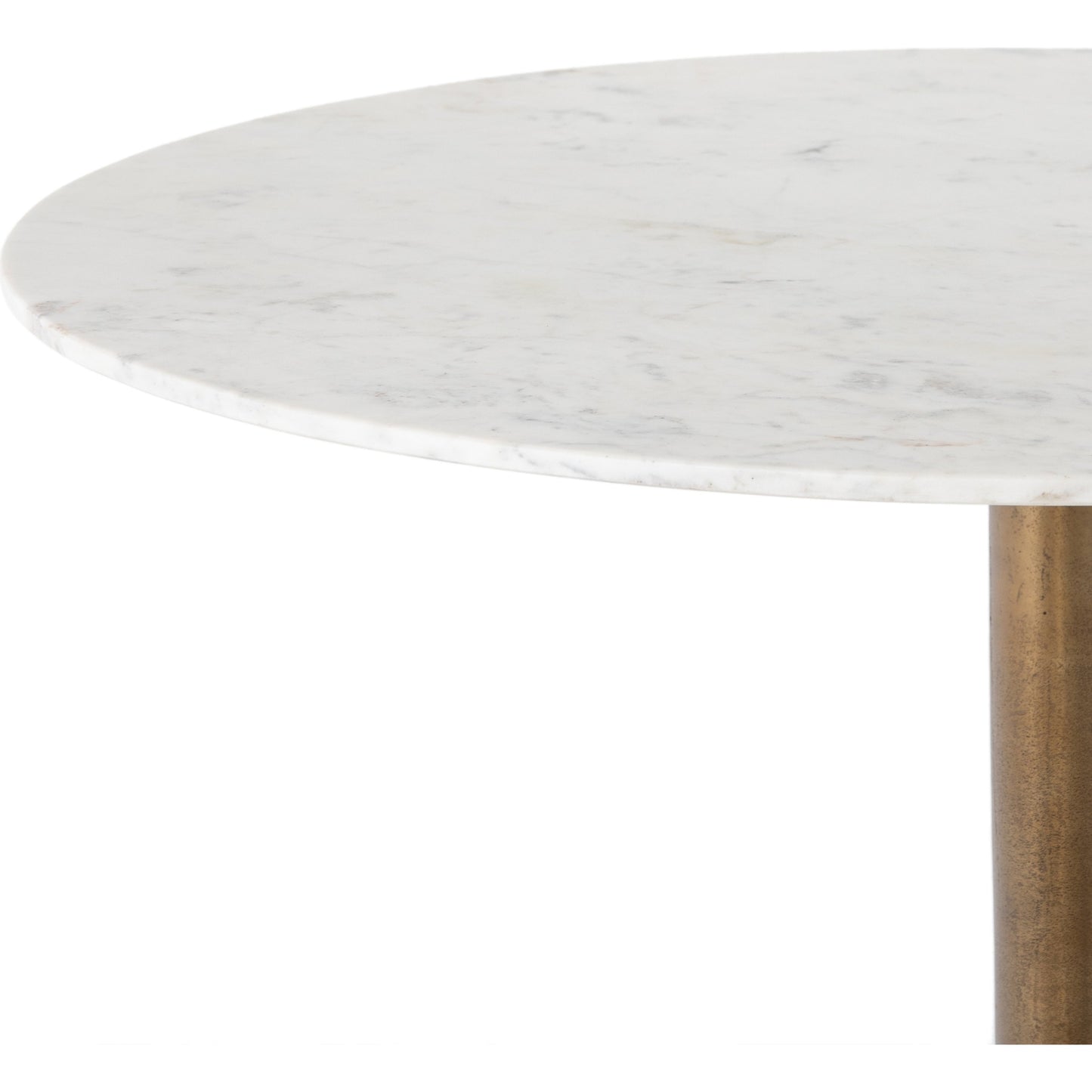 009 SI-1715585 | Closeup | Helen Round Bistro Table by Four Hands in raw brass, polished white marble. Made from solid marble, aluminum in a modern style.