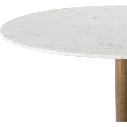 Helen Round Bistro Table by Four Hands in raw brass, polished white marble. Made from solid marble, aluminum in a modern style.