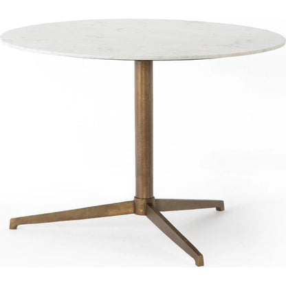 Helen Round Bistro Table by Four Hands in raw brass, polished white marble. Made from solid marble, aluminum in a modern style.