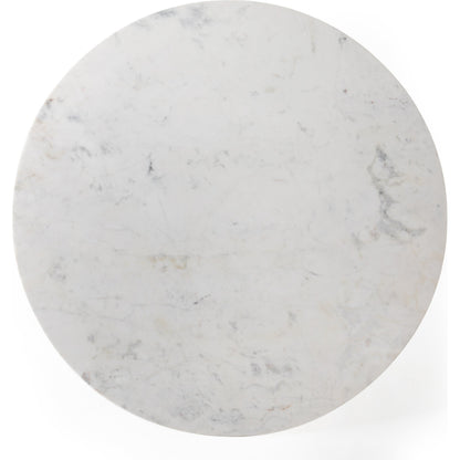 Helen Round Bistro Table by Four Hands in raw brass, polished white marble. Made from solid marble, aluminum in a modern style.