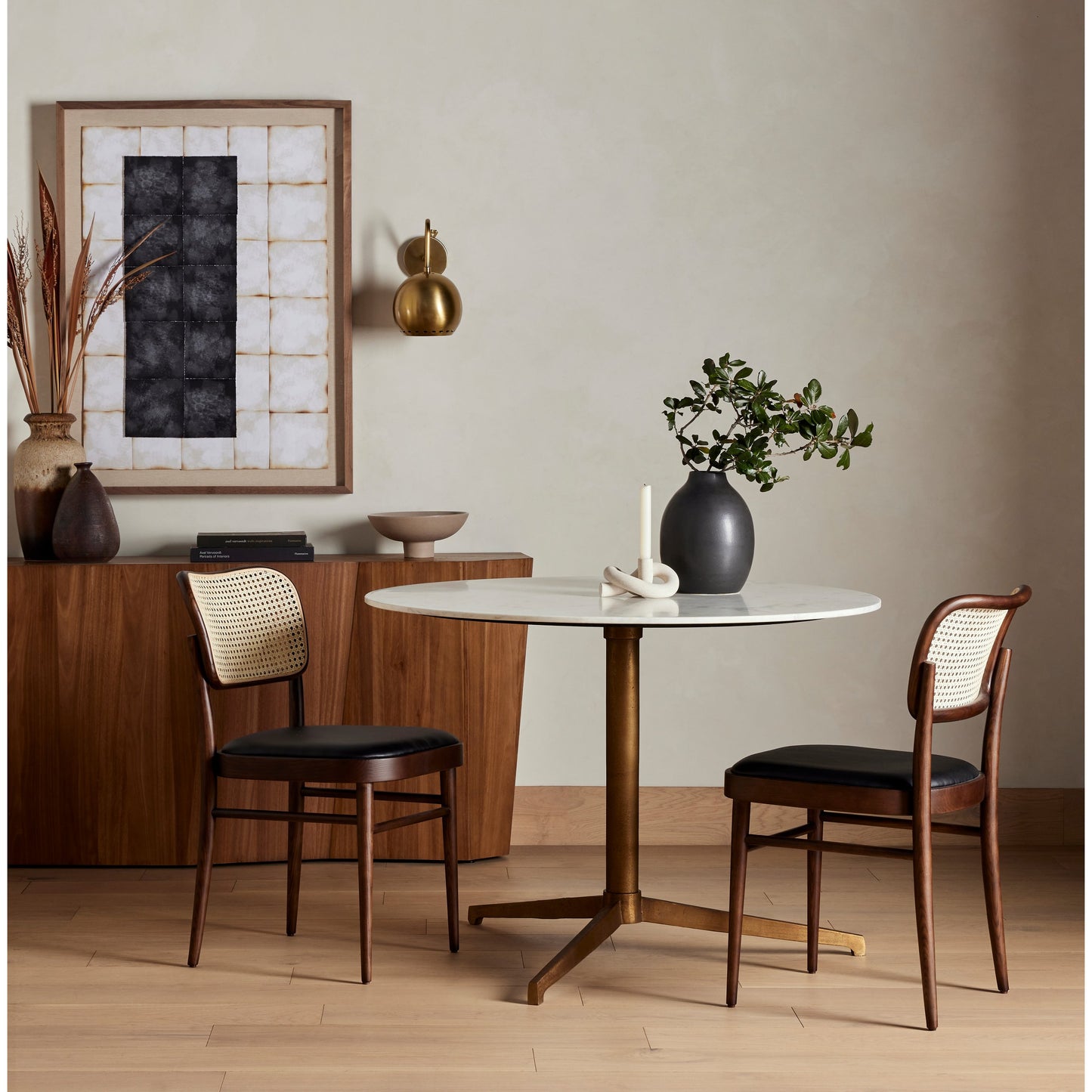 015 SI-1715585 | Lifestyle | Helen Round Bistro Table by Four Hands in raw brass, polished white marble. Made from solid marble, aluminum in a modern style.