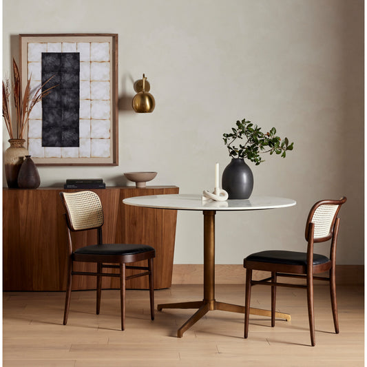 Helen Round Bistro Table by Four Hands in raw brass, polished white marble. Made from solid marble, aluminum in a modern style.