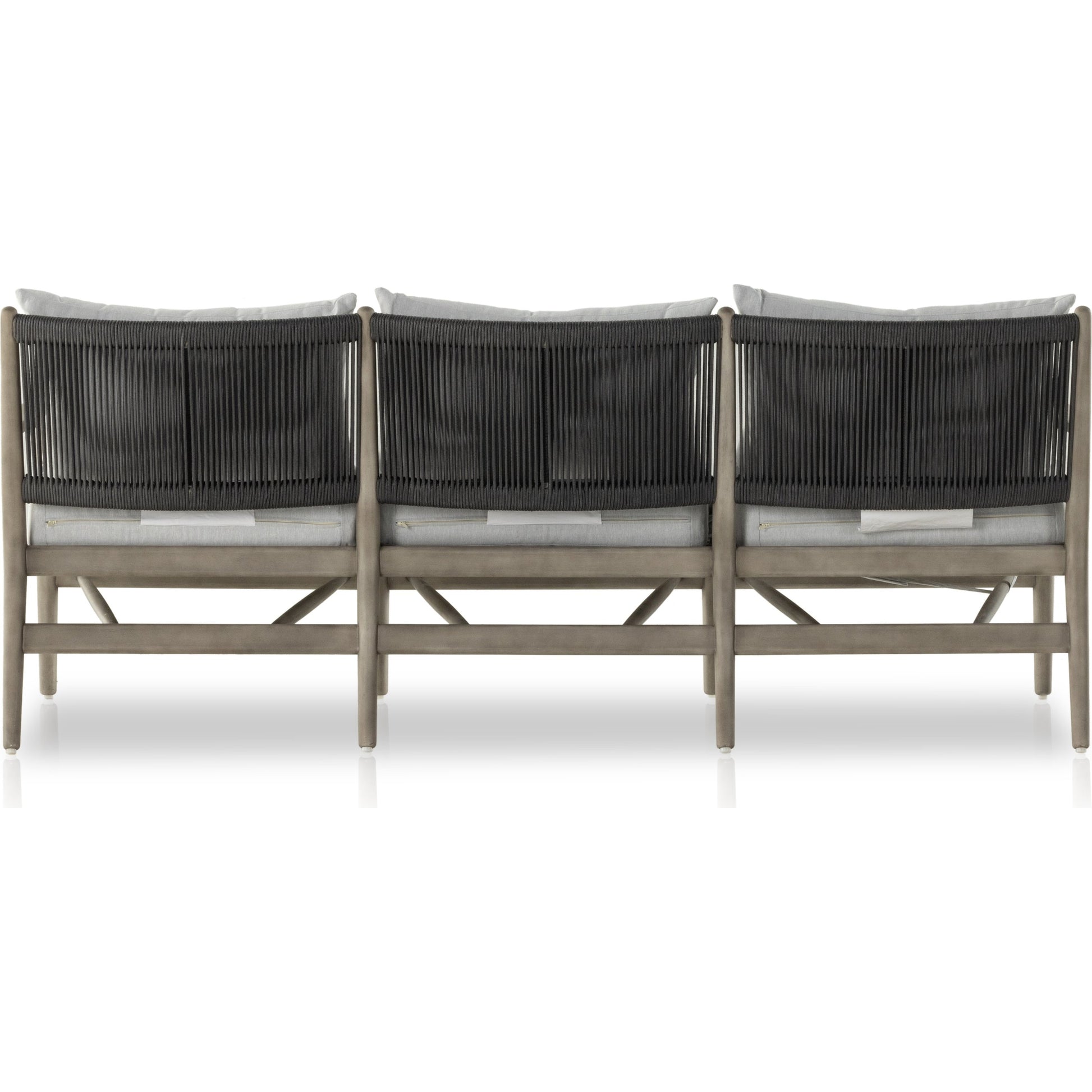 Rosen Outdoor Sofa by Four Hands in lakin oat, natural eucalyptus fsc, natural rope. Made from 100% olefin, solid fsc®-certified eucalyptus, 98% polypropylene, 2% polyester in a coastal style.