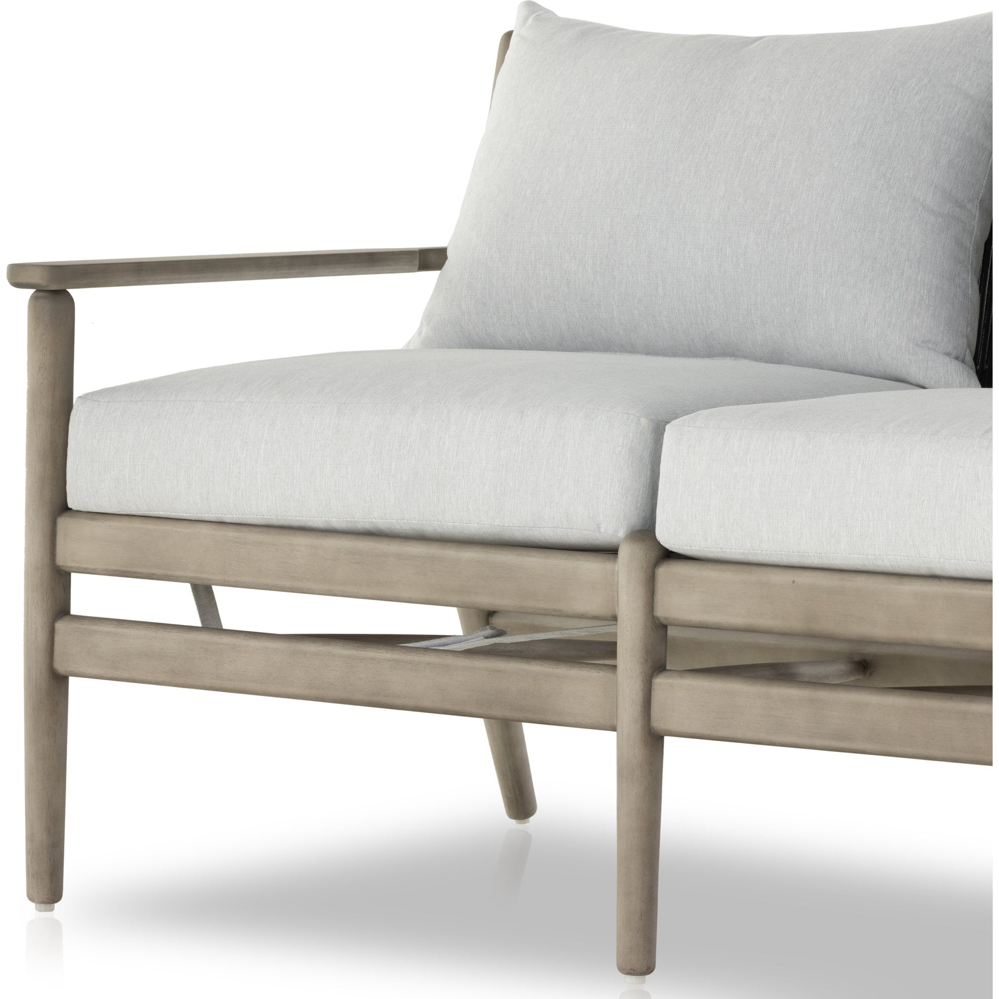 Rosen Outdoor Sofa by Four Hands in lakin oat, natural eucalyptus fsc, natural rope. Made from 100% olefin, solid fsc®-certified eucalyptus, 98% polypropylene, 2% polyester in a coastal style.