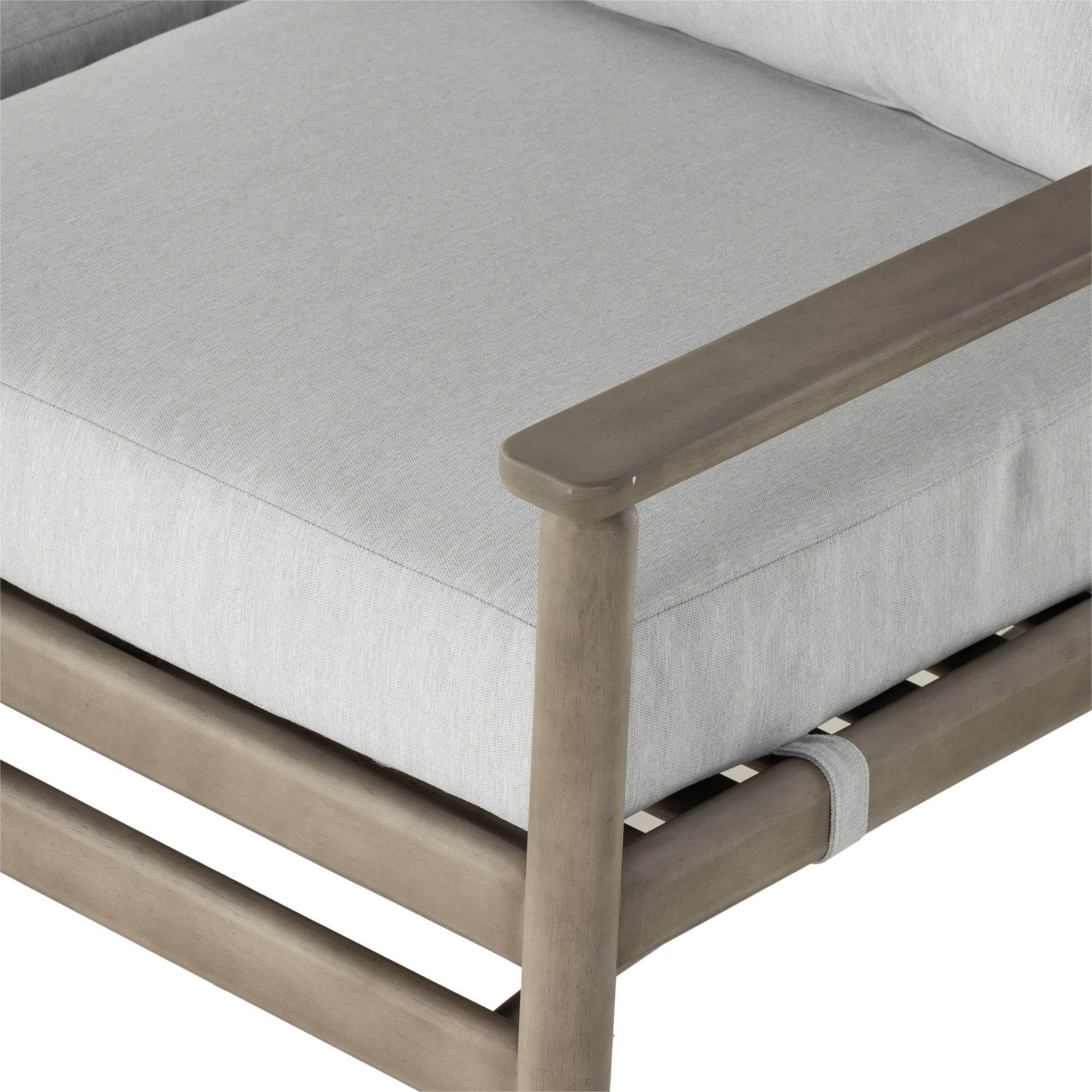 Rosen Outdoor Sofa by Four Hands in lakin oat, natural eucalyptus fsc, natural rope. Made from 100% olefin, solid fsc®-certified eucalyptus, 98% polypropylene, 2% polyester in a coastal style.