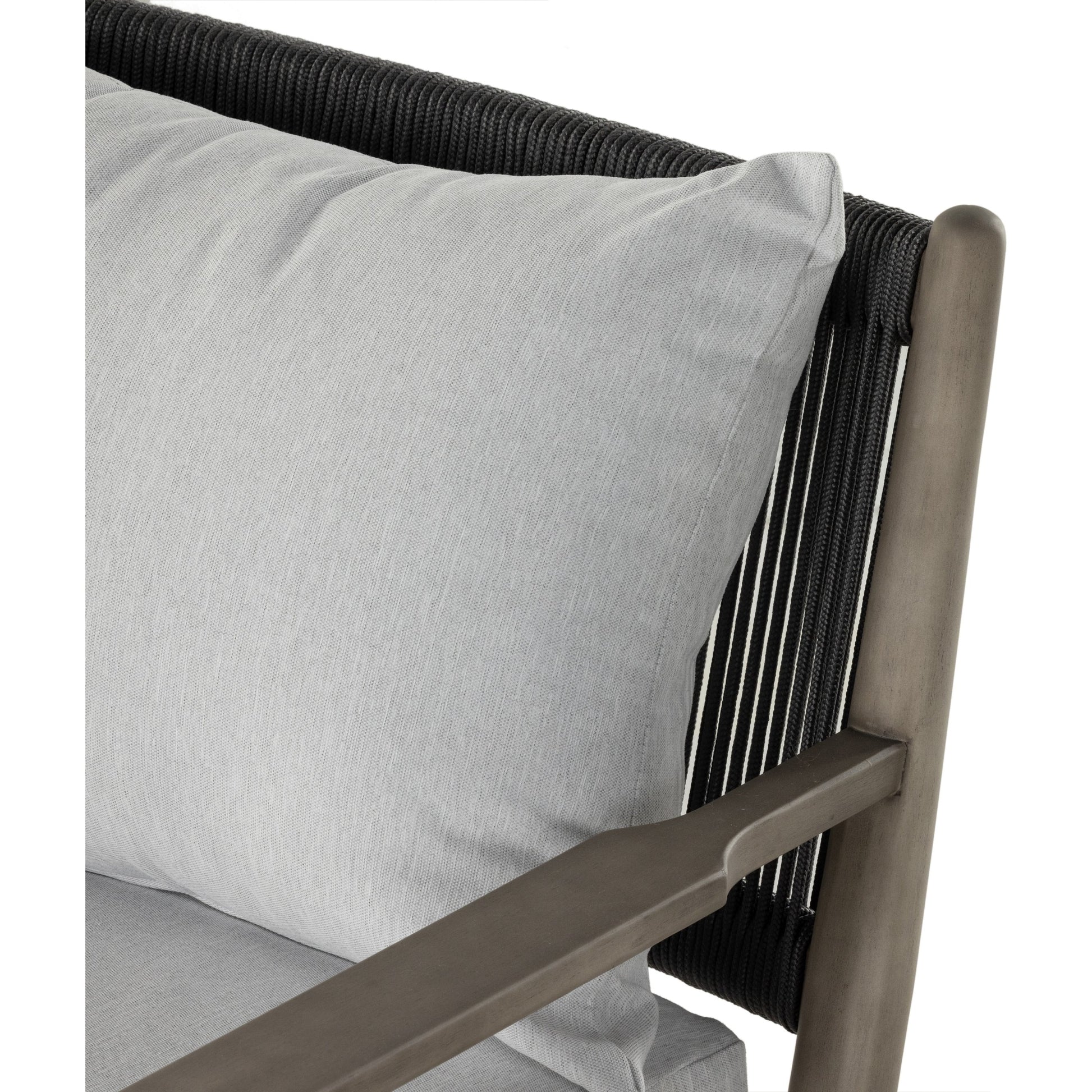 Rosen Outdoor Sofa by Four Hands in lakin oat, natural eucalyptus fsc, natural rope. Made from 100% olefin, solid fsc®-certified eucalyptus, 98% polypropylene, 2% polyester in a coastal style.