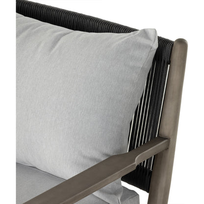 Rosen Outdoor Sofa by Four Hands in lakin oat, natural eucalyptus fsc, natural rope. Made from 100% olefin, solid fsc®-certified eucalyptus, 98% polypropylene, 2% polyester in a coastal style.