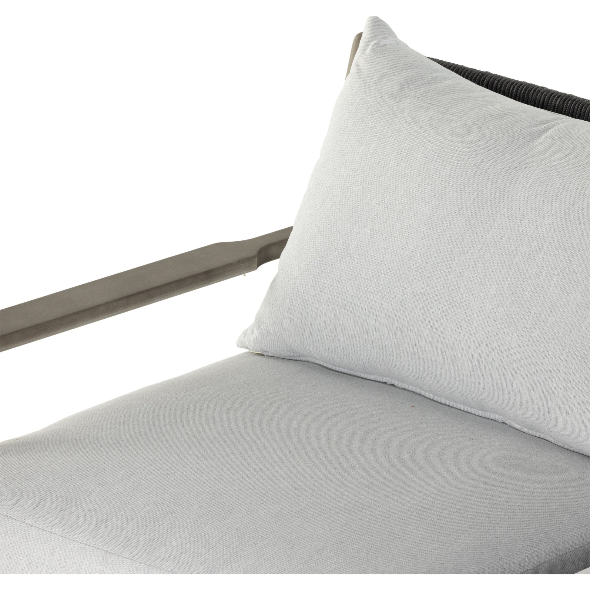 Rosen Outdoor Sofa by Four Hands in lakin oat, natural eucalyptus fsc, natural rope. Made from 100% olefin, solid fsc®-certified eucalyptus, 98% polypropylene, 2% polyester in a coastal style.