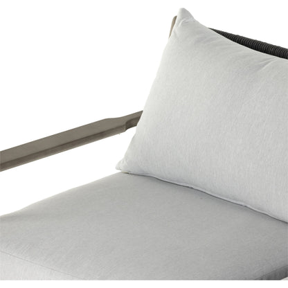 Rosen Outdoor Sofa by Four Hands in lakin oat, natural eucalyptus fsc, natural rope. Made from 100% olefin, solid fsc®-certified eucalyptus, 98% polypropylene, 2% polyester in a coastal style.