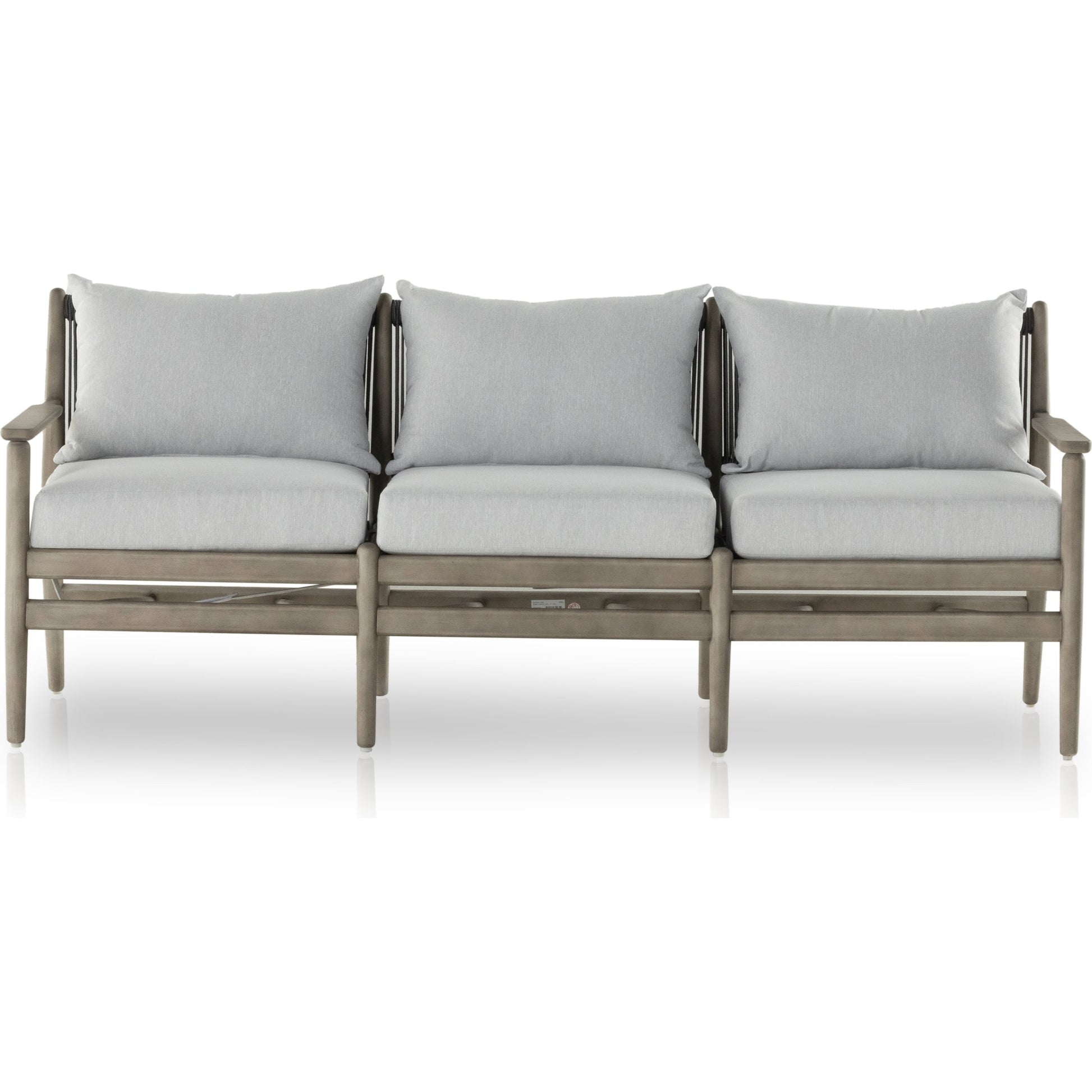 Rosen Outdoor Sofa by Four Hands in lakin oat, natural eucalyptus fsc, natural rope. Made from 100% olefin, solid fsc®-certified eucalyptus, 98% polypropylene, 2% polyester in a coastal style.