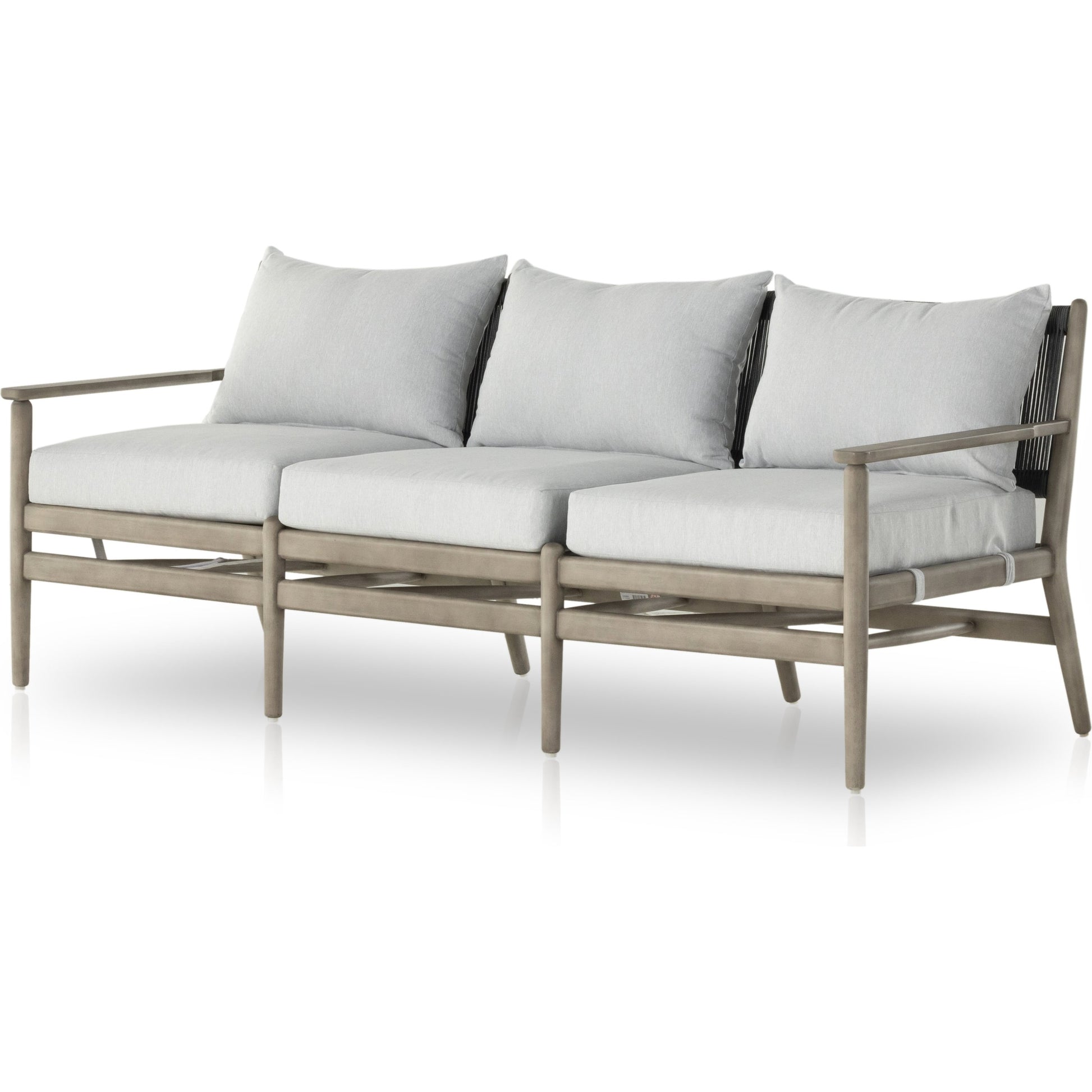 Rosen Outdoor Sofa by Four Hands in lakin oat, natural eucalyptus fsc, natural rope. Made from 100% olefin, solid fsc®-certified eucalyptus, 98% polypropylene, 2% polyester in a coastal style.