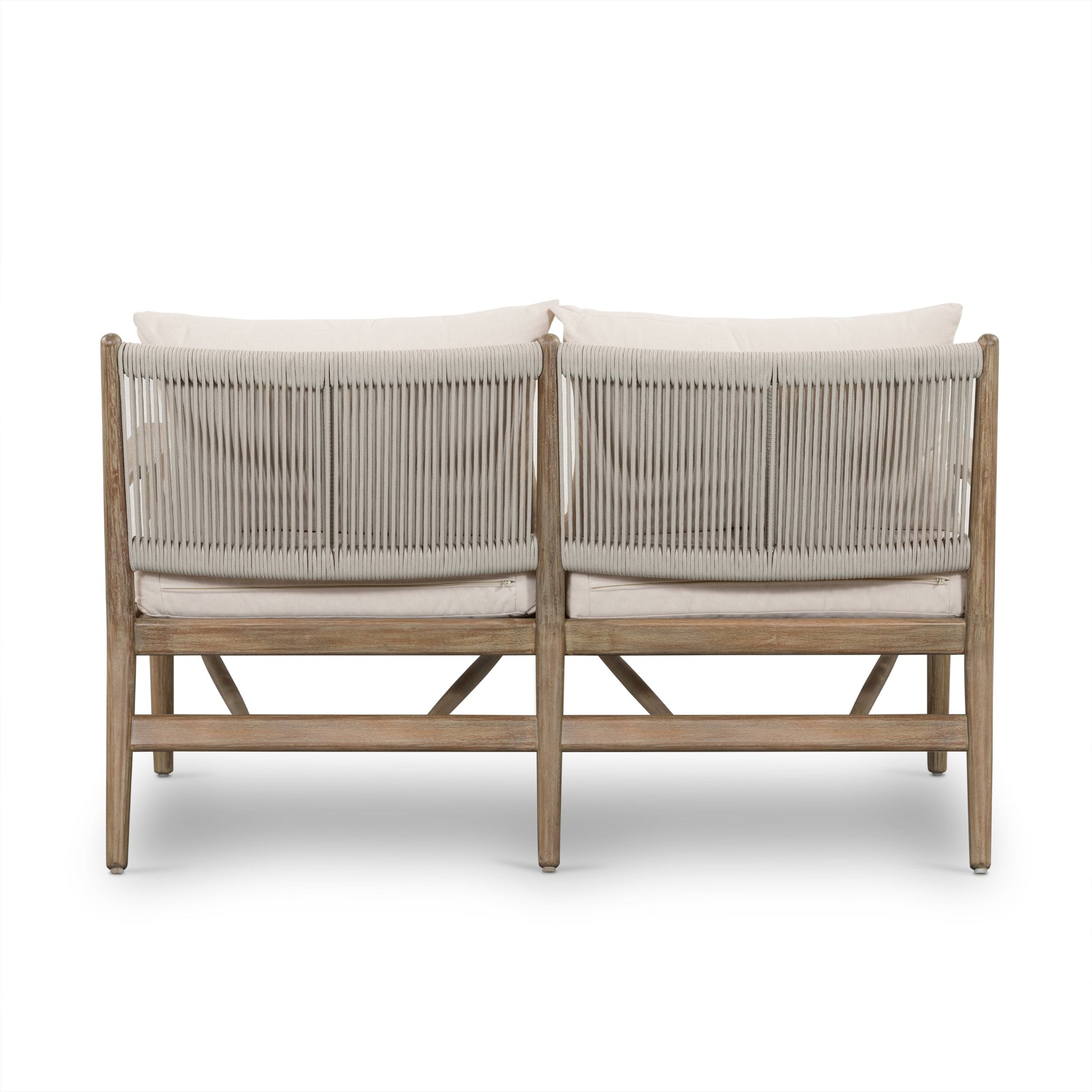 Rosen Outdoor Sofa by Four Hands in lakin oat, natural eucalyptus fsc, natural rope. Made from 100% olefin, solid fsc®-certified eucalyptus, 98% polypropylene, 2% polyester in a coastal style.