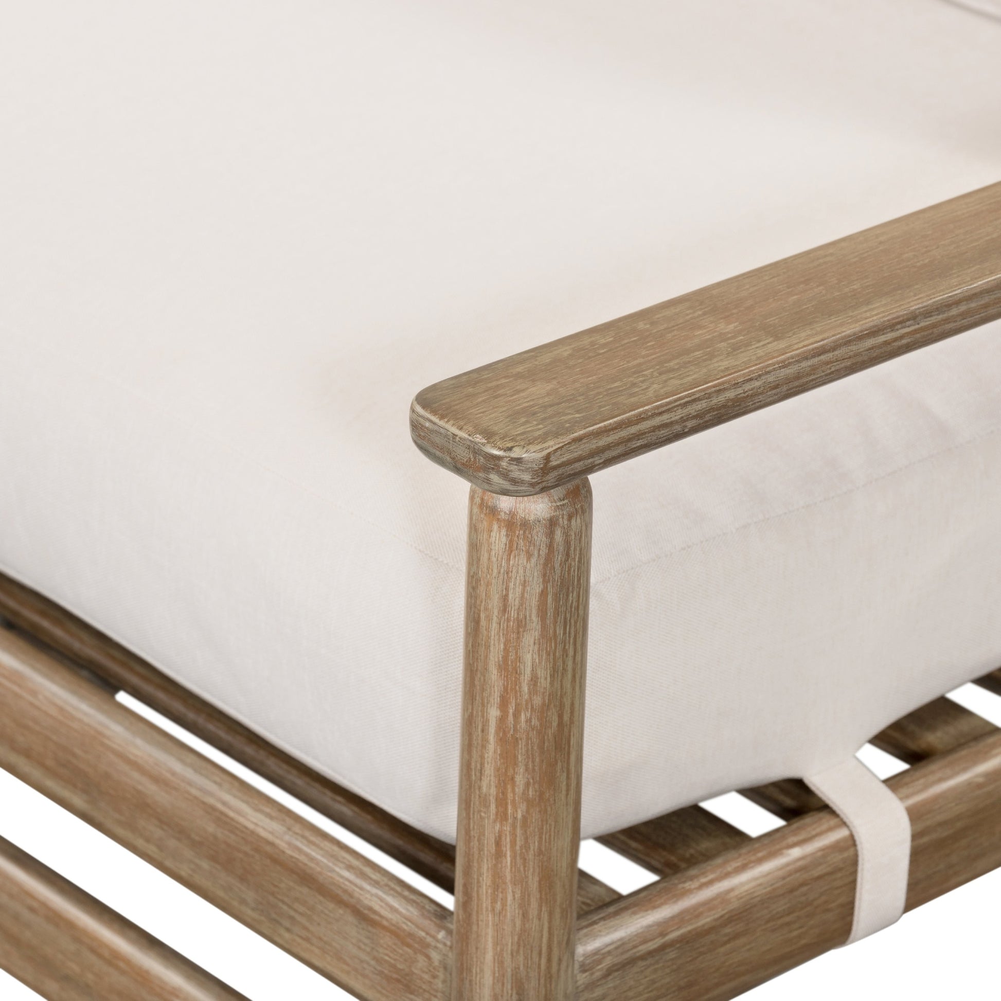 Rosen Outdoor Sofa by Four Hands in lakin oat, natural eucalyptus fsc, natural rope. Made from 100% olefin, solid fsc®-certified eucalyptus, 98% polypropylene, 2% polyester in a coastal style.