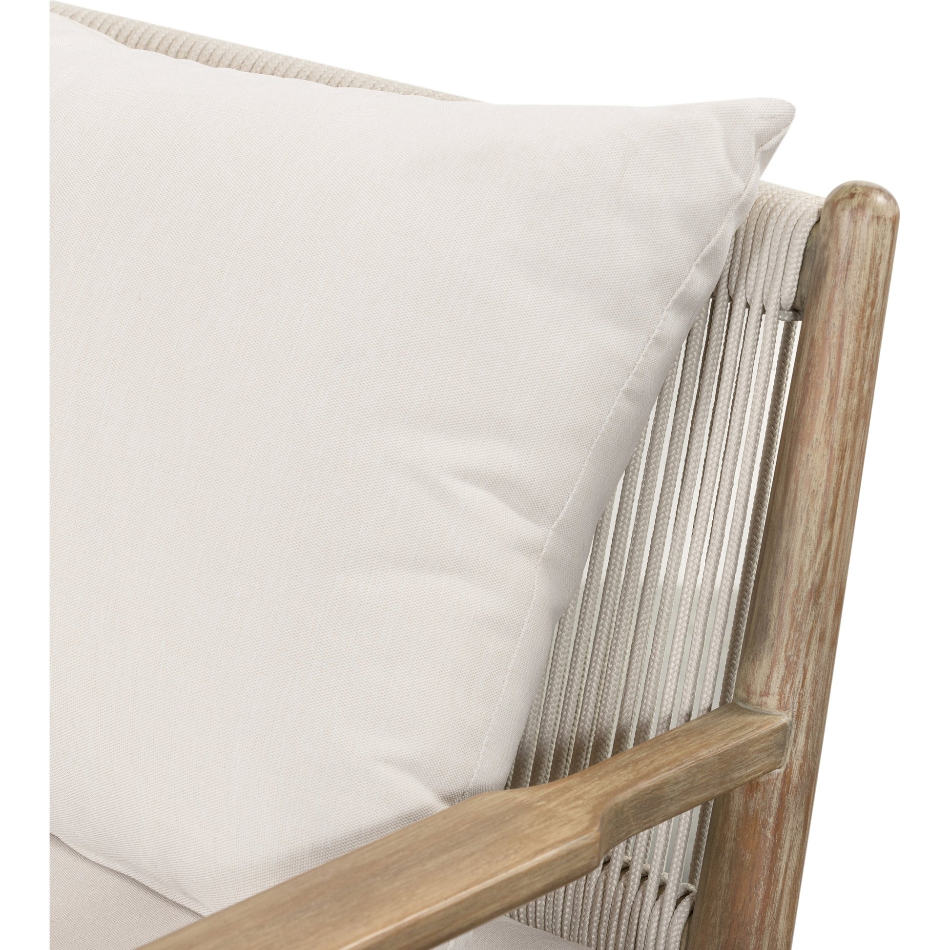 Rosen Outdoor Sofa by Four Hands in lakin oat, natural eucalyptus fsc, natural rope. Made from 100% olefin, solid fsc®-certified eucalyptus, 98% polypropylene, 2% polyester in a coastal style.