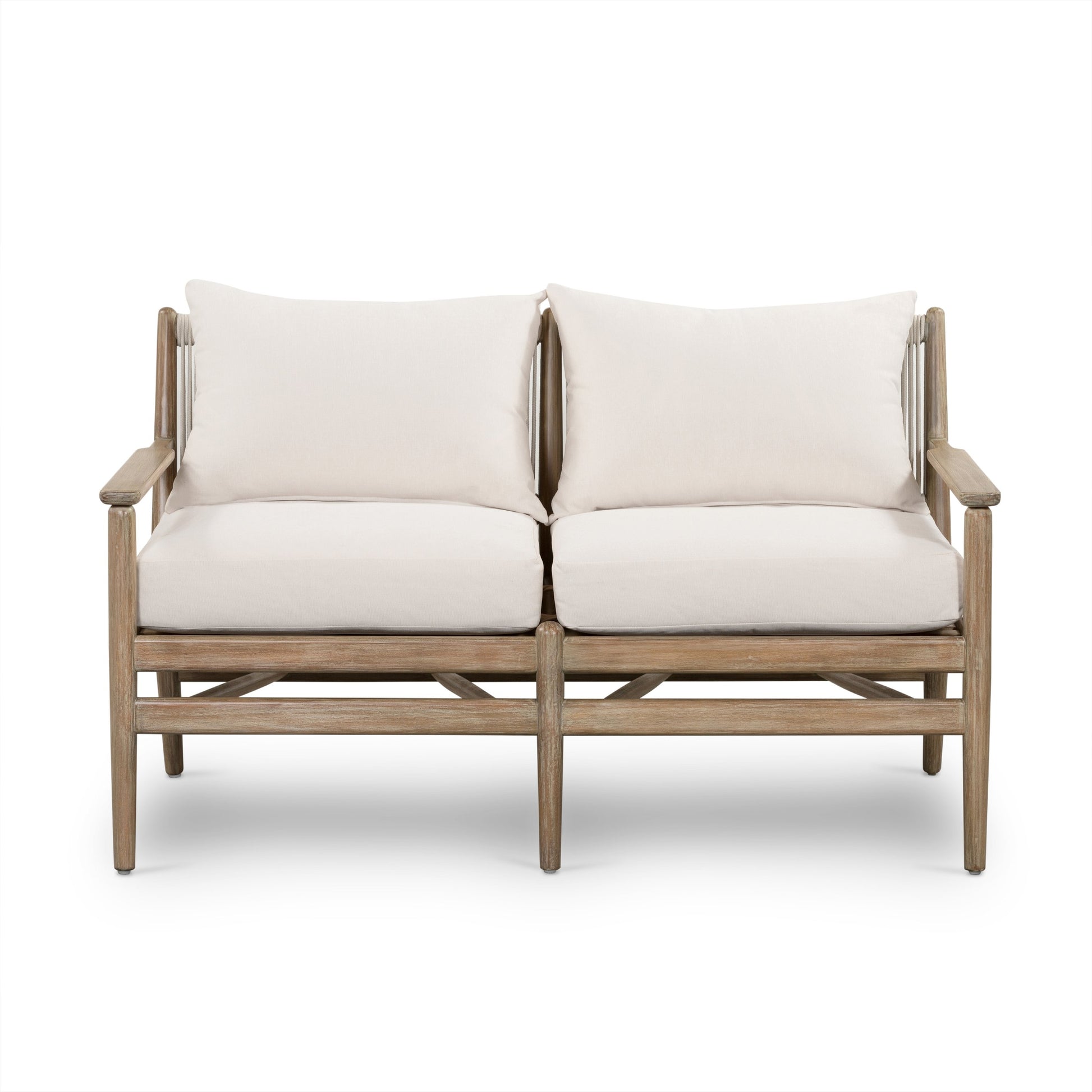 Rosen Outdoor Sofa by Four Hands in lakin oat, natural eucalyptus fsc, natural rope. Made from 100% olefin, solid fsc®-certified eucalyptus, 98% polypropylene, 2% polyester in a coastal style.