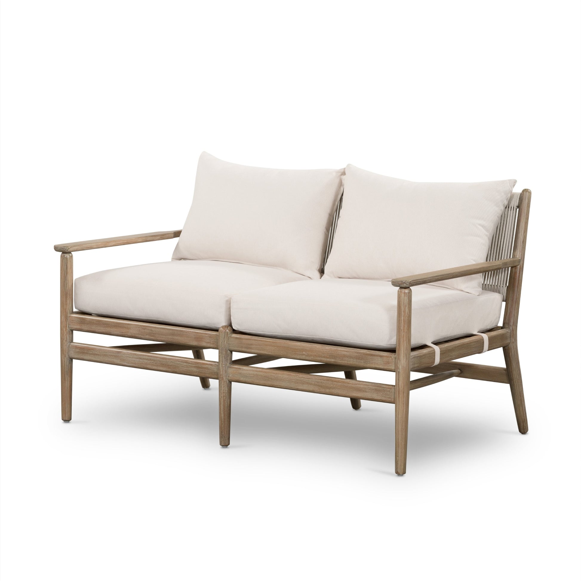 Rosen Outdoor Sofa by Four Hands in lakin oat, natural eucalyptus fsc, natural rope. Made from 100% olefin, solid fsc®-certified eucalyptus, 98% polypropylene, 2% polyester in a coastal style.