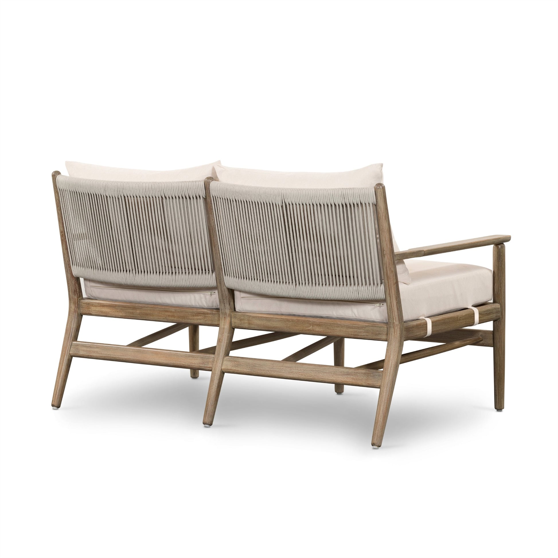 Rosen Outdoor Sofa by Four Hands in lakin oat, natural eucalyptus fsc, natural rope. Made from 100% olefin, solid fsc®-certified eucalyptus, 98% polypropylene, 2% polyester in a coastal style.
