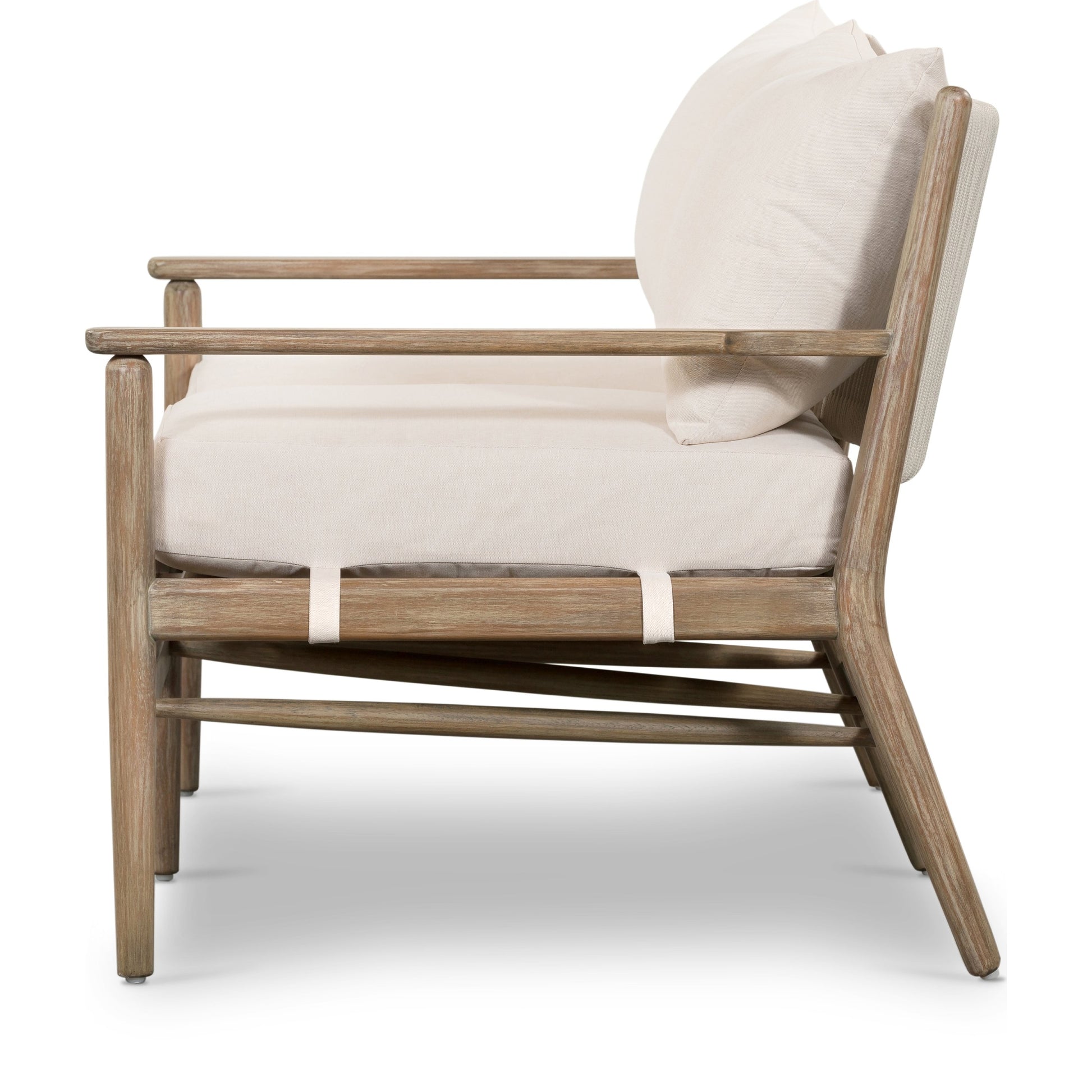 Rosen Outdoor Sofa by Four Hands in lakin oat, natural eucalyptus fsc, natural rope. Made from 100% olefin, solid fsc®-certified eucalyptus, 98% polypropylene, 2% polyester in a coastal style.