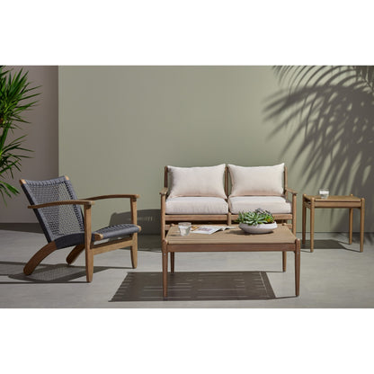 Rosen Outdoor Sofa by Four Hands in lakin oat, natural eucalyptus fsc, natural rope. Made from 100% olefin, solid fsc®-certified eucalyptus, 98% polypropylene, 2% polyester in a coastal style.