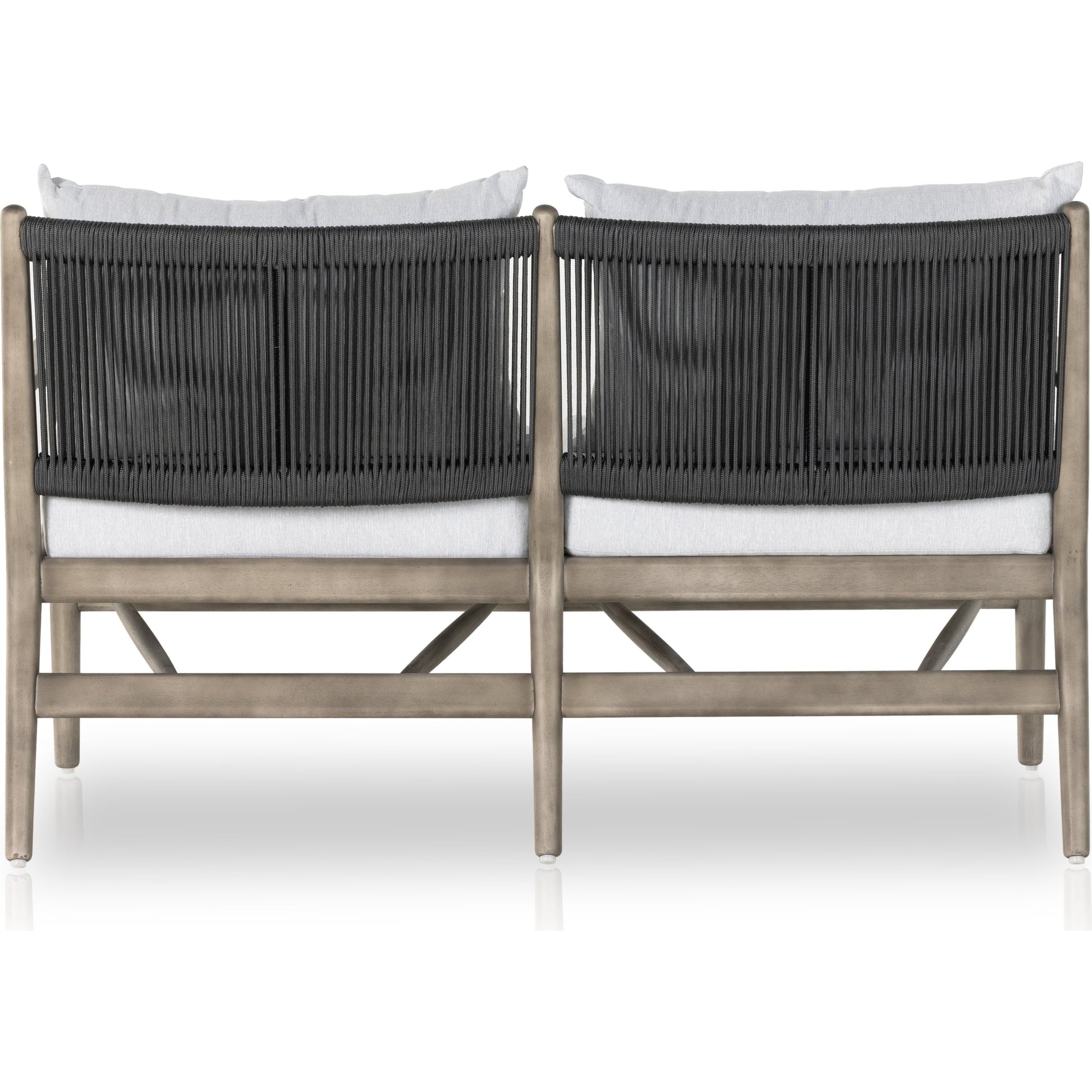 Rosen Outdoor Sofa by Four Hands in lakin oat, natural eucalyptus fsc, natural rope. Made from 100% olefin, solid fsc®-certified eucalyptus, 98% polypropylene, 2% polyester in a coastal style.